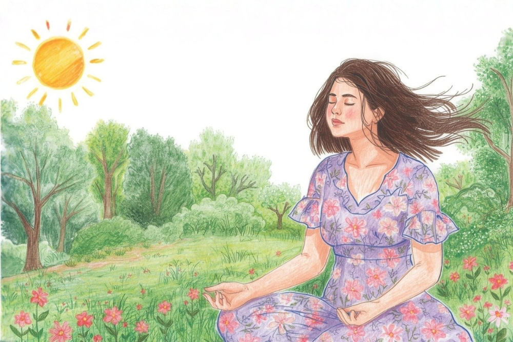 Zeichnung einer Frau in Meditationshaltung auf einer Wiese